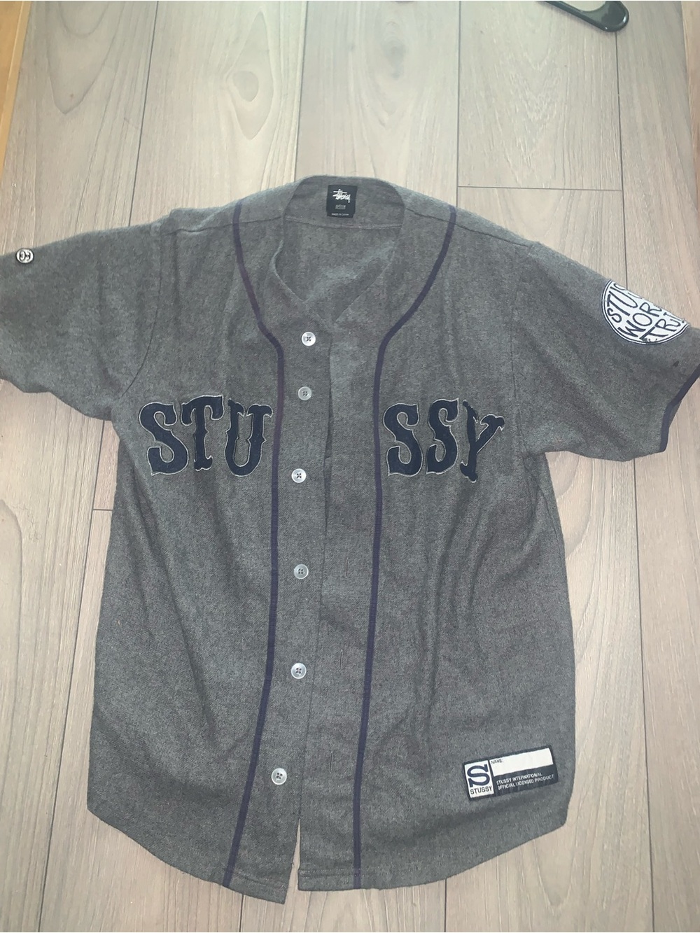 Stussy Gray Baseball-Style Jersey with Navy Trim